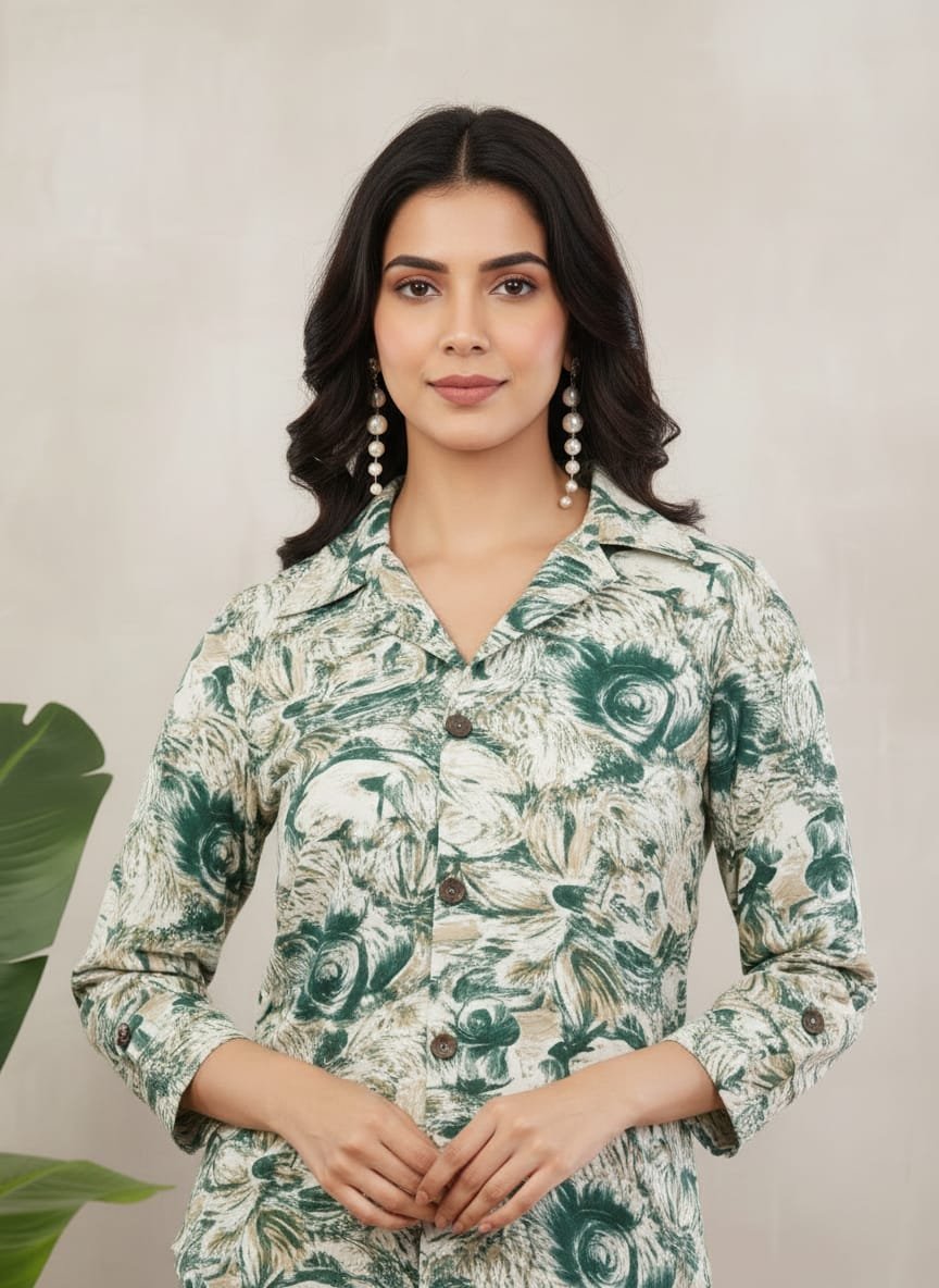 Rayon printed co-ord set with bell bottom pants - Image 4