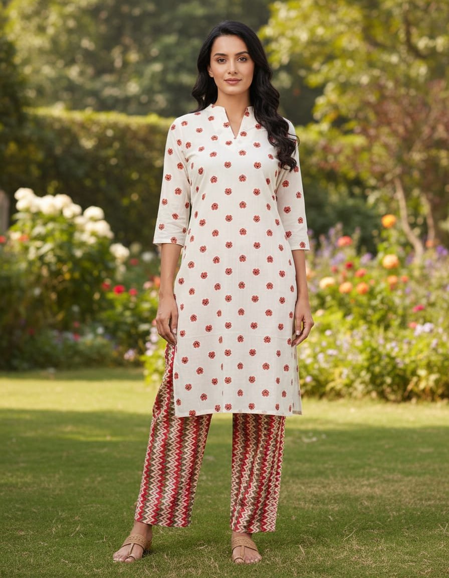 Pure cotton sanganeri buti print kurta-pant set