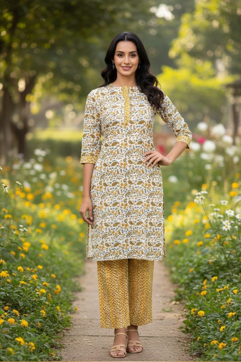 Pure cotton sanganeri paisley print kurta-pant set