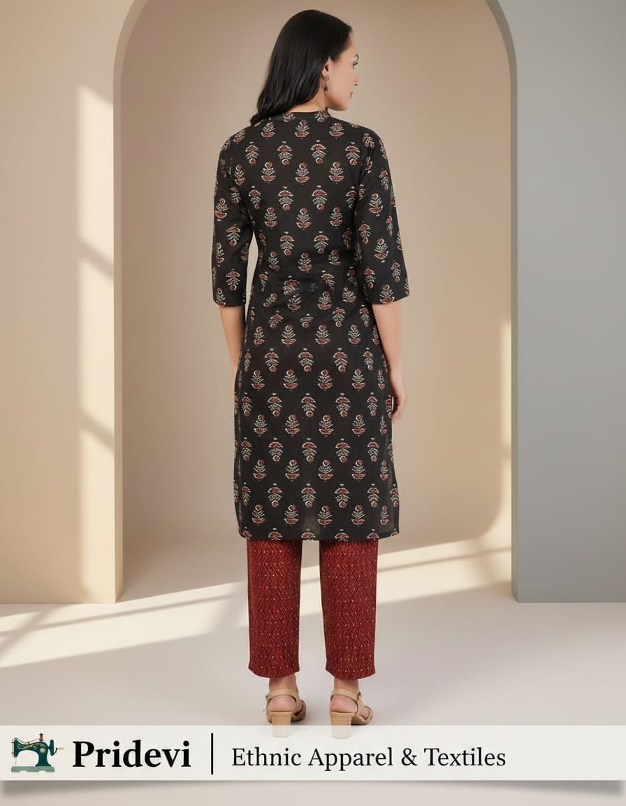 Pure cotton block print high neck kurta-pant set - Image 2