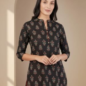 Pure cotton block print high neck kurta-pant set