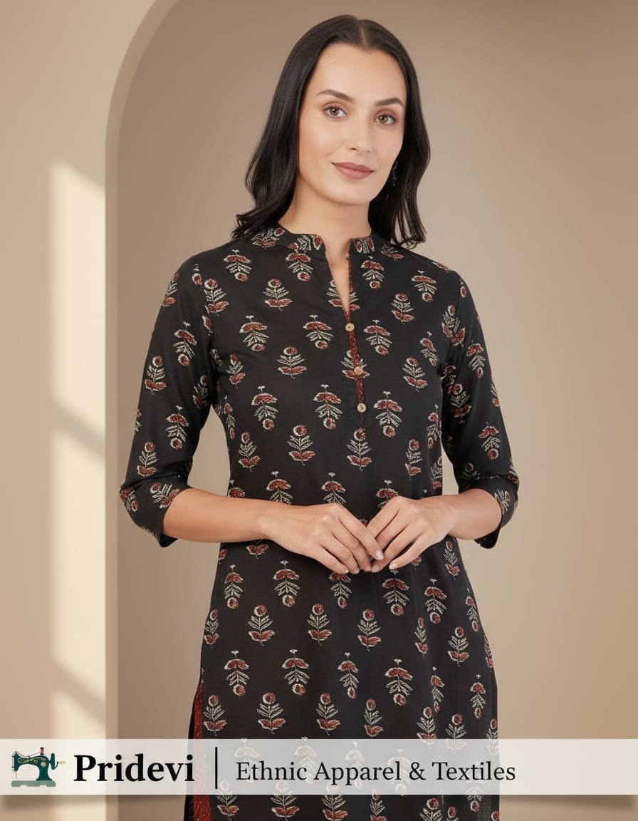 Pure cotton block print high neck kurta-pant set