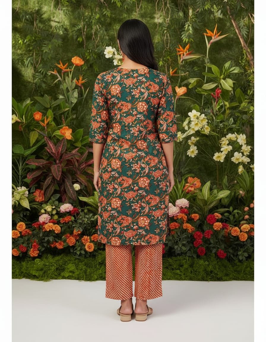 Pure cotton floral print kurta-pant set with piping work - Image 2