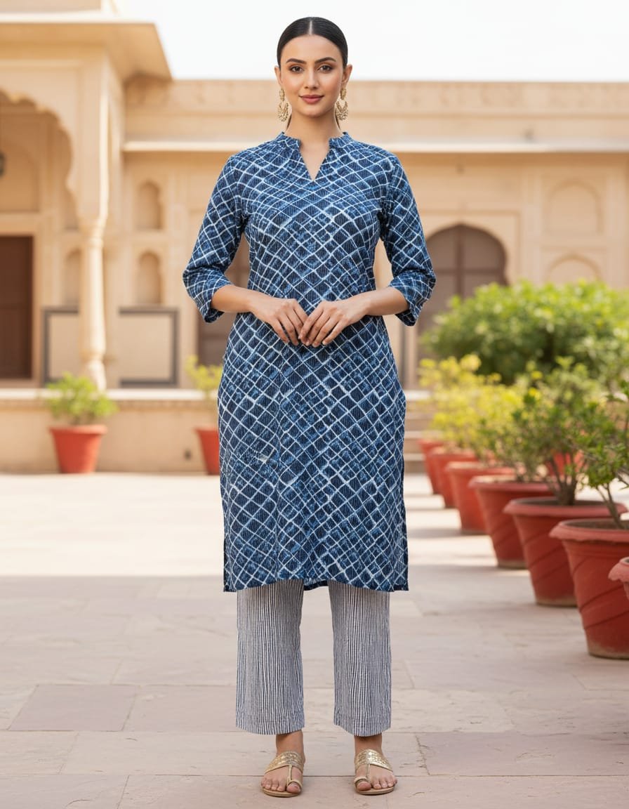 Pure cotton ikat print kurta-pant set - Image 3