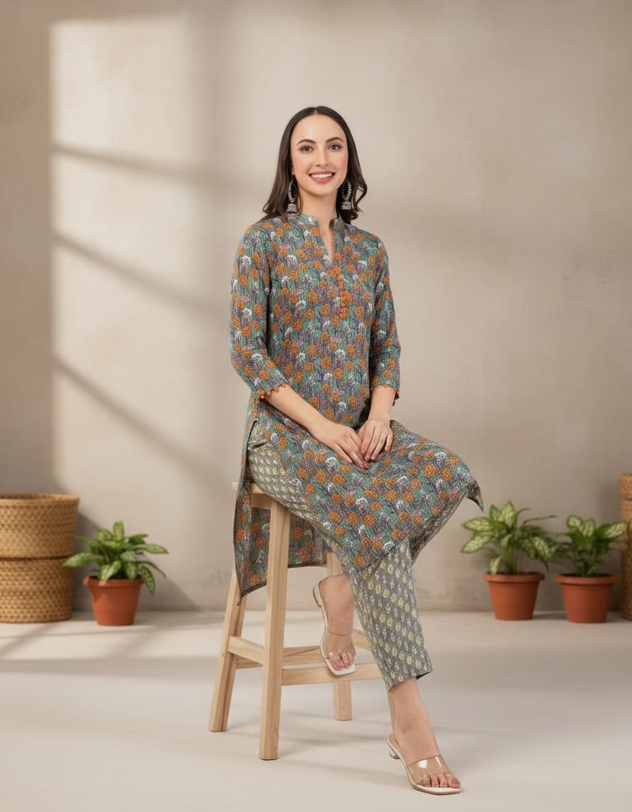 Pure cotton kantha work kurta-pant set - Image 4