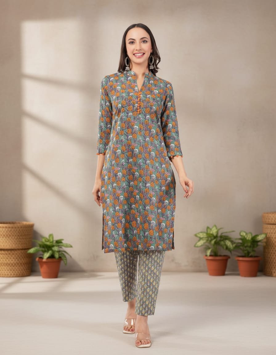 Pure cotton kantha work kurta-pant set