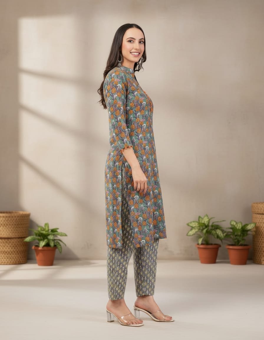 Pure cotton kantha work kurta-pant set - Image 2