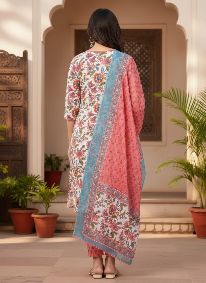 Floral pure cotton suit set with pom pom lace - Image 2