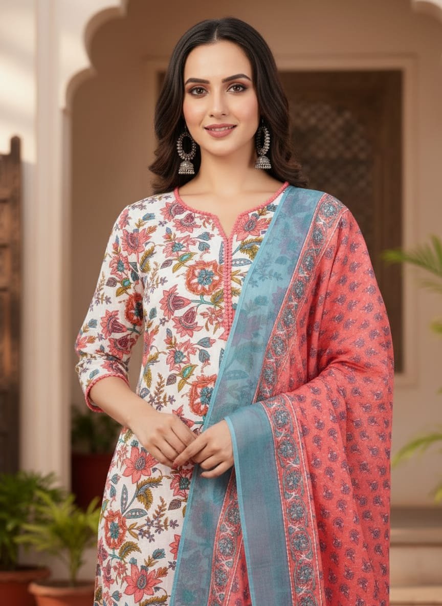 Floral pure cotton suit set with pom pom lace