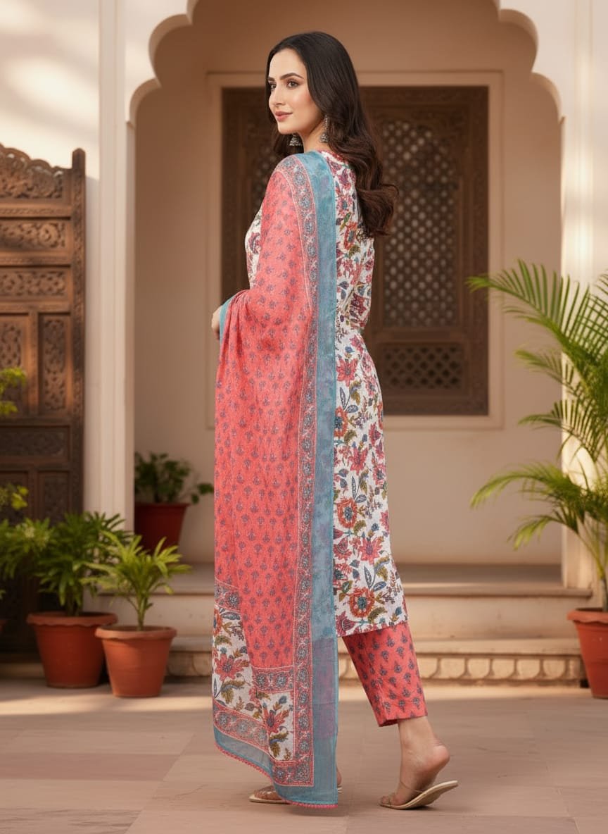 Floral pure cotton suit set with pom pom lace - Image 3