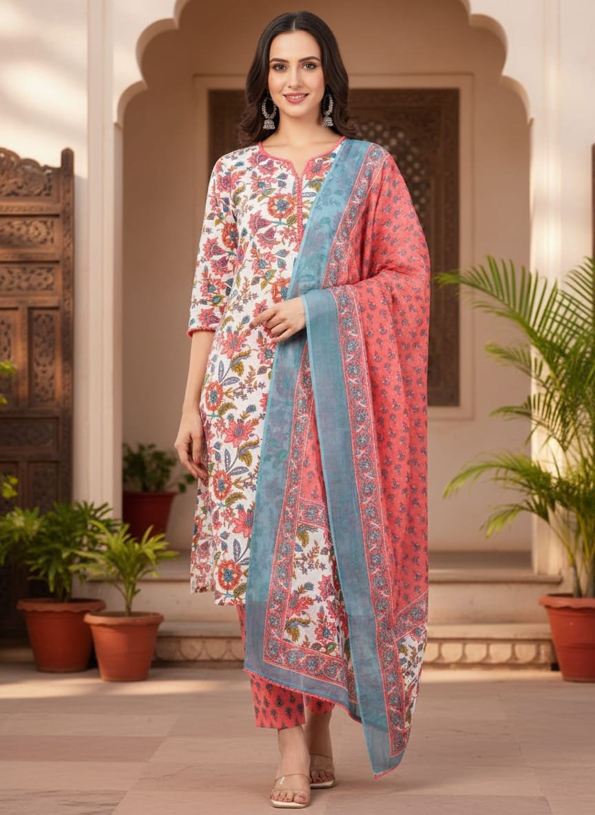 Floral pure cotton suit set with pom pom lace - Image 4