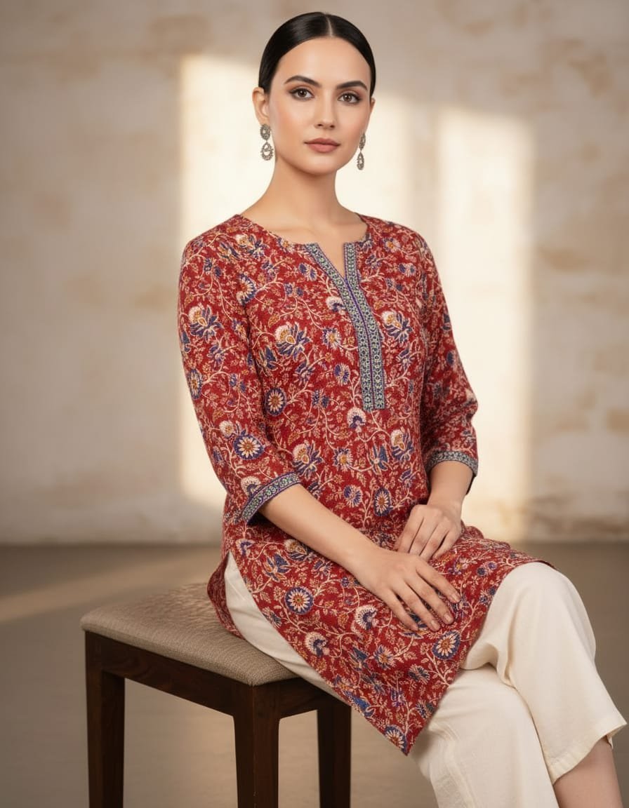Pure cotton mughal floral print kurti with lace work - Image 4