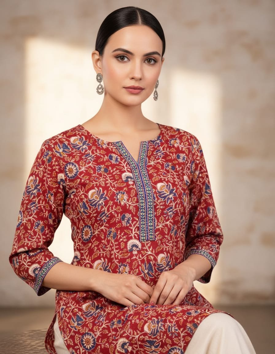 Pure cotton mughal floral print kurti with lace work - Image 3