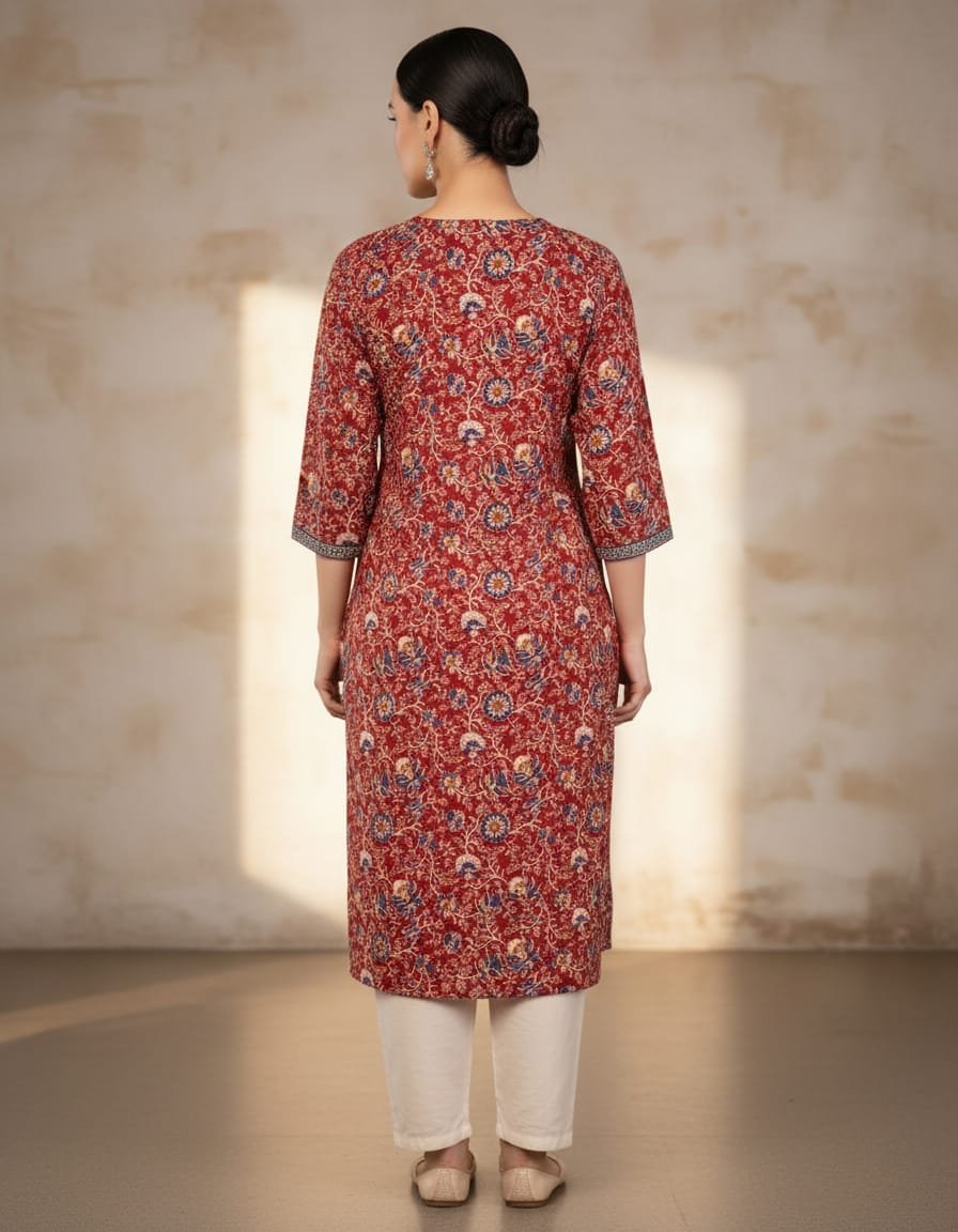 Pure cotton mughal floral print kurti with lace work - Image 2