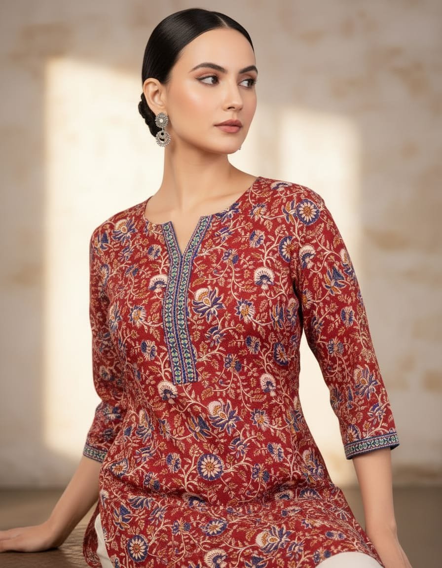 Pure cotton mughal floral print kurti with lace work