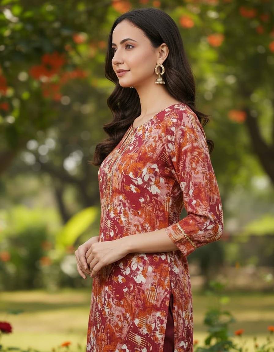 Rayon foil print kurti with lace work - Image 3