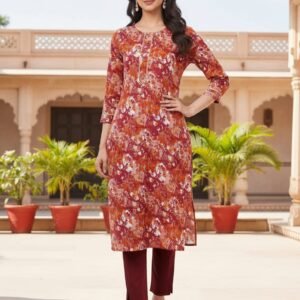 Rayon foil print kurti with lace work
