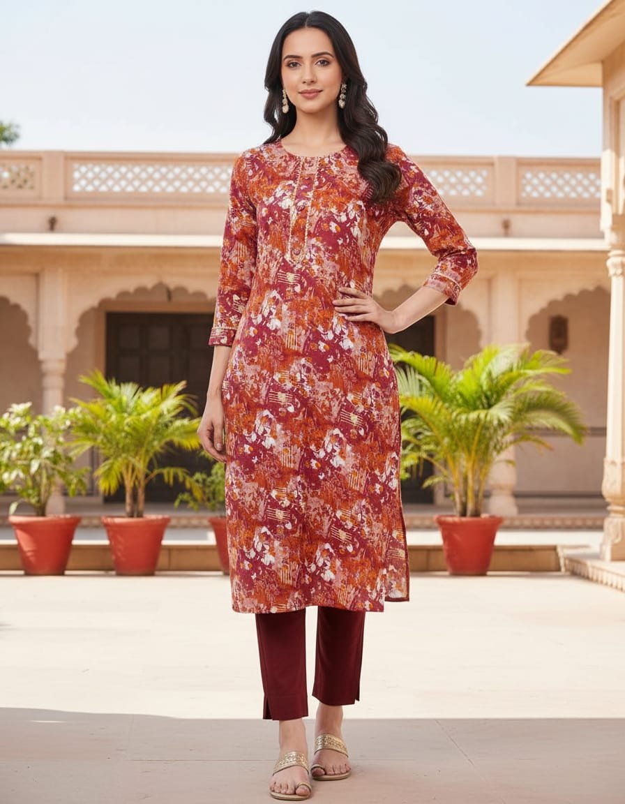 Rayon foil print kurti with lace work