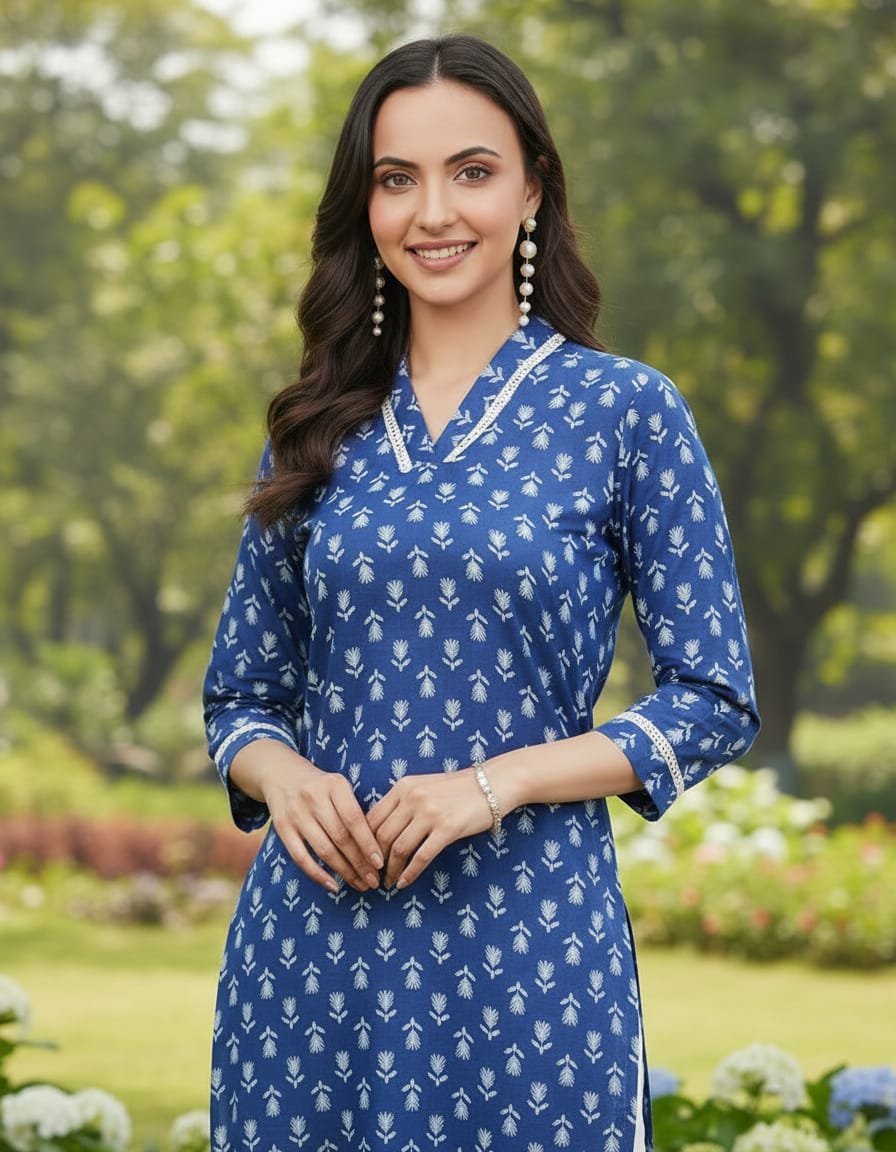 Pure cotton buti print kurti with lace work - Image 2