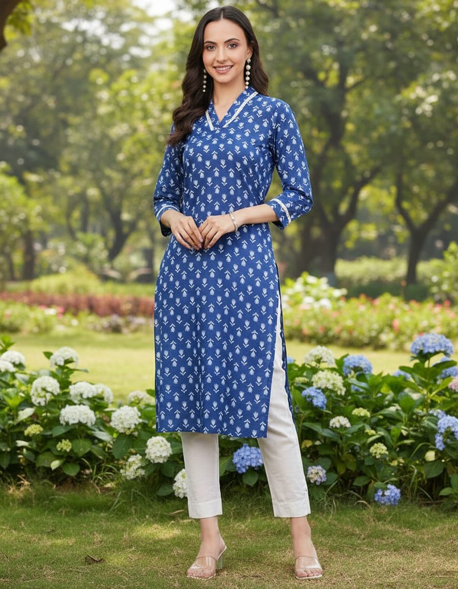 Pure cotton buti print kurti with lace work