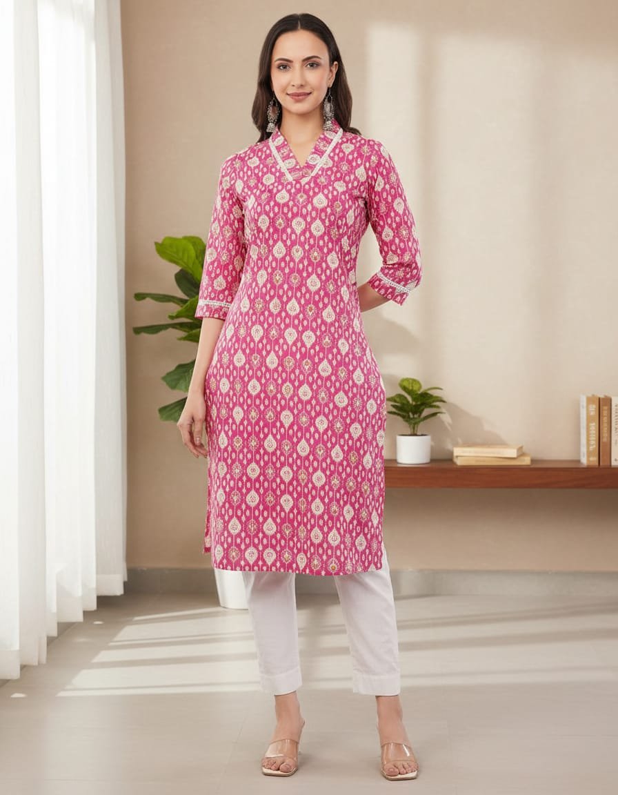 Pure cotton buti print kurti with lace work - Image 3