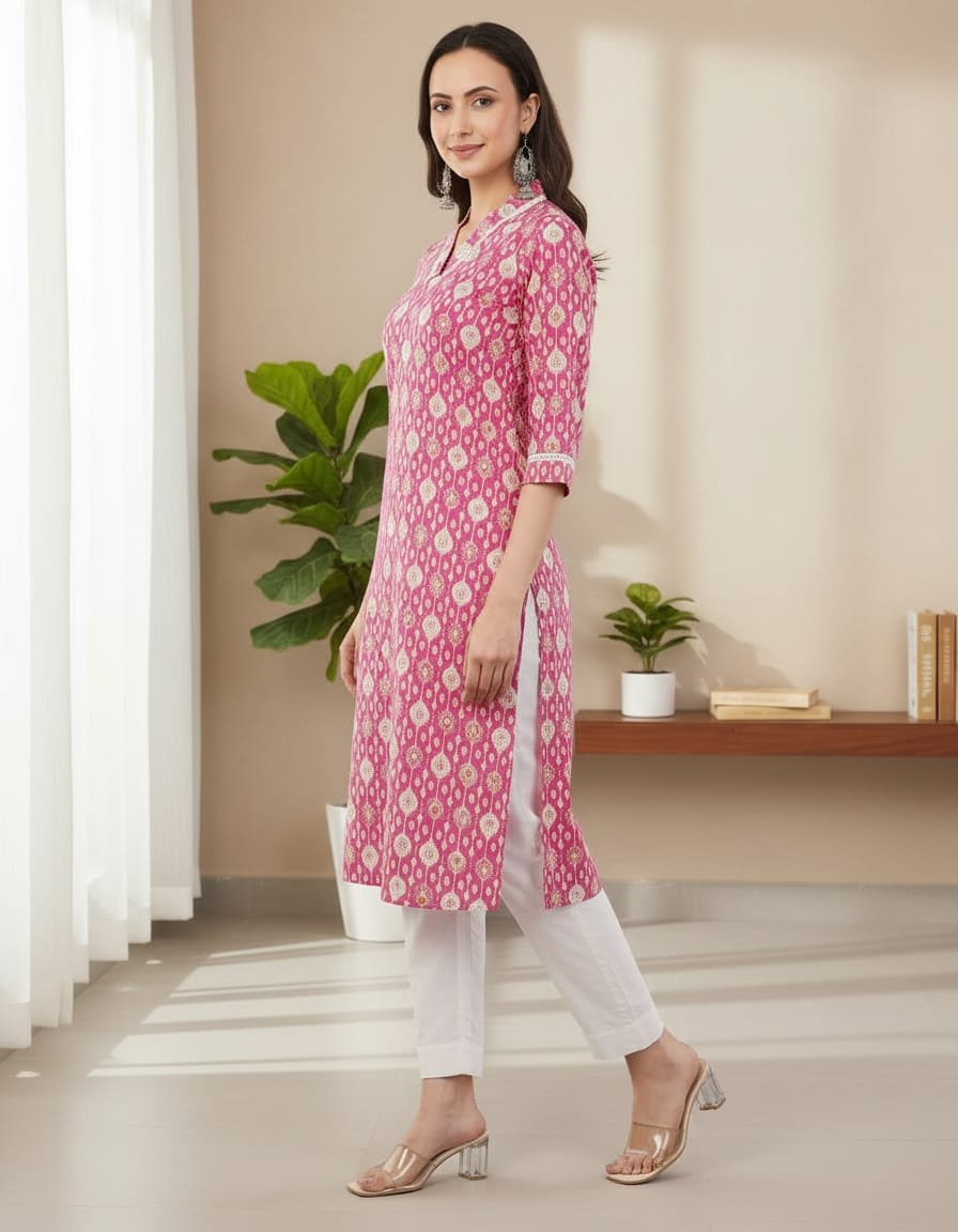 Pure cotton buti print kurti with lace work - Image 2