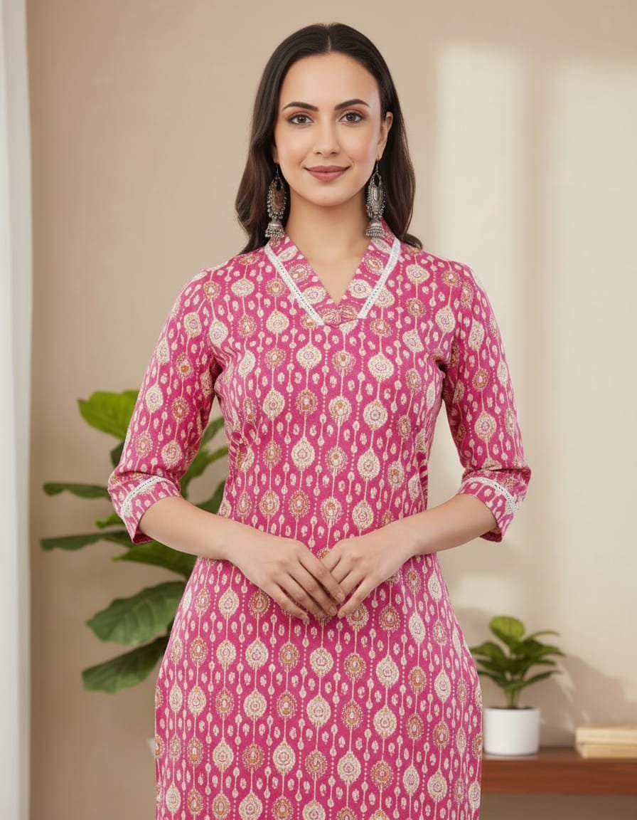 Pure cotton buti print kurti with lace work