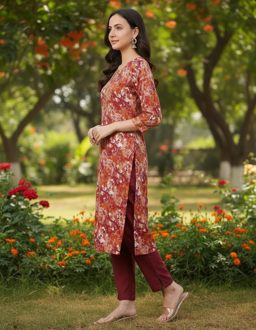 Rayon foil print kurti with lace work - Image 2