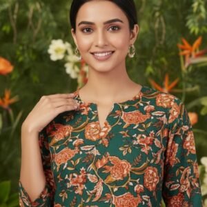 Pure cotton floral print kurta-pant set with piping work