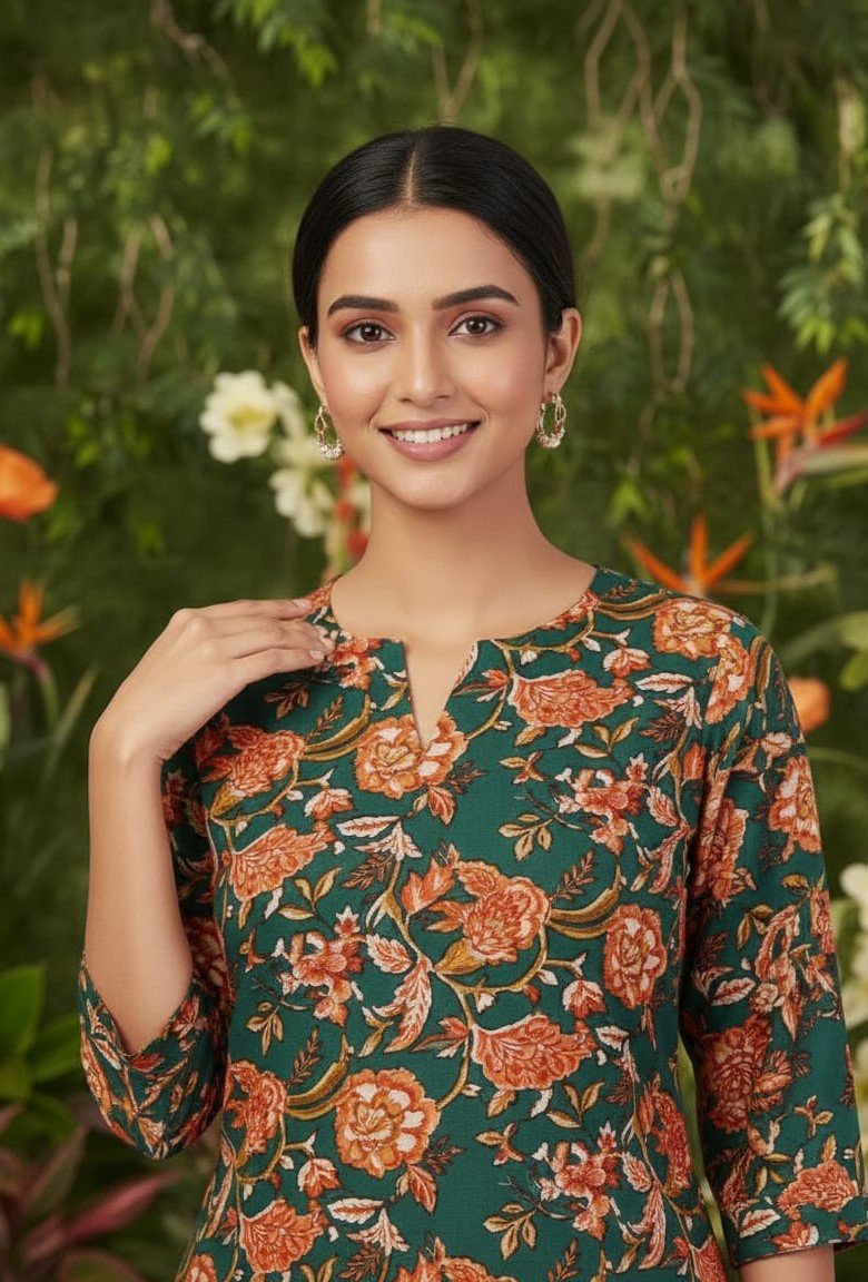 Pure cotton floral print kurta-pant set with piping work