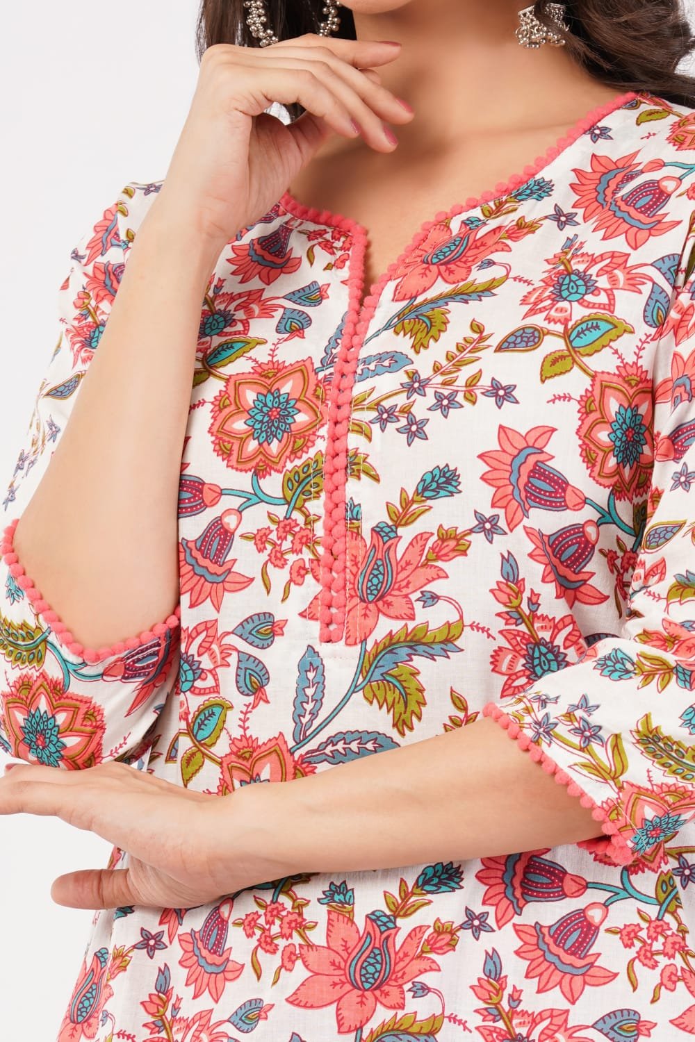 Floral pure cotton suit set with pom pom lace - Image 5
