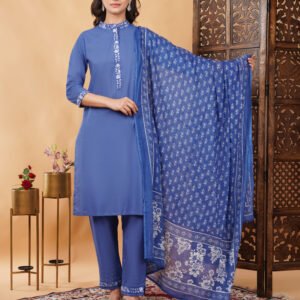 Pure Cotton Kurta Pant Dupatta Set With Matching Embroidery