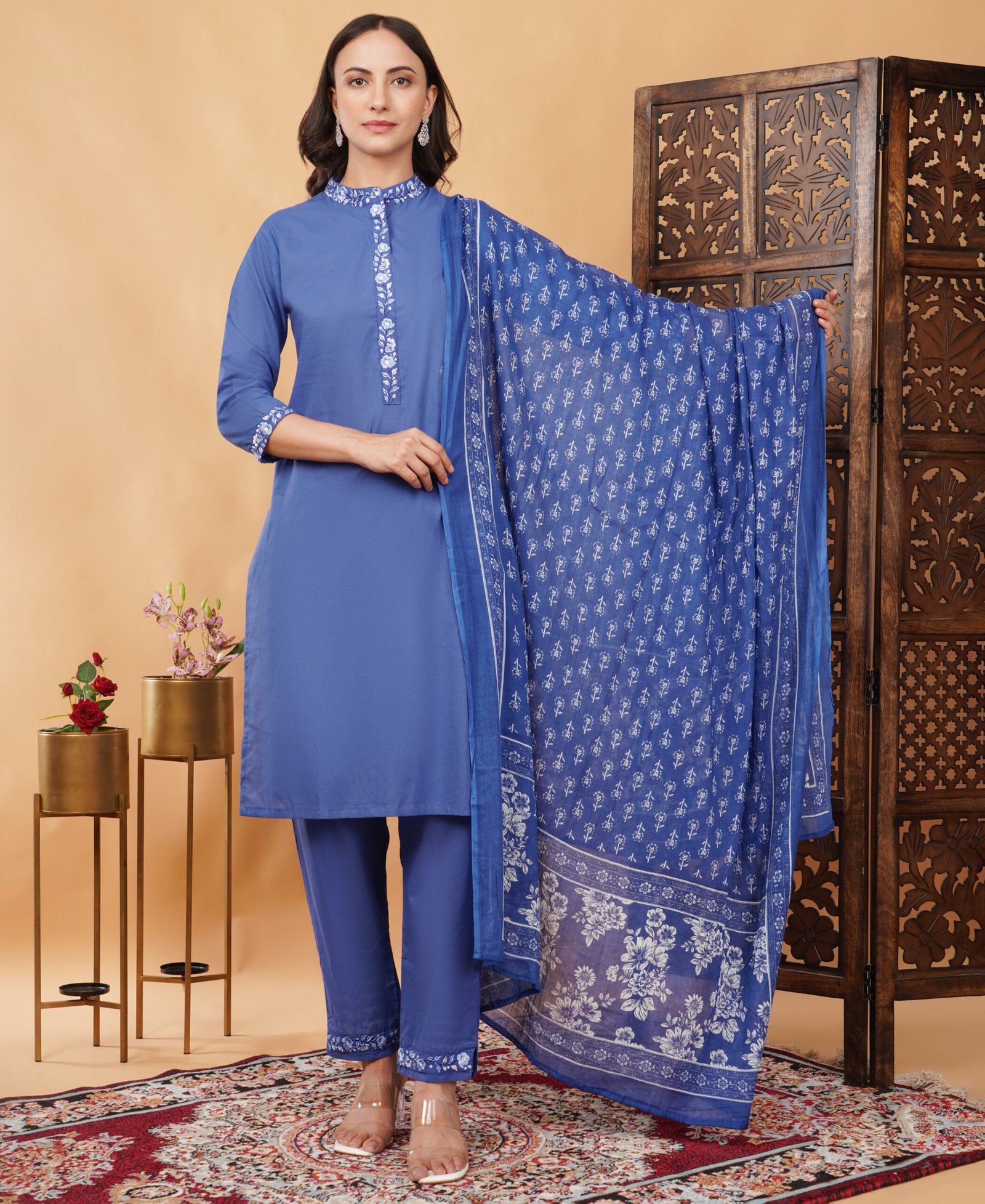 Pure Cotton Kurta Pant Dupatta Set With Matching Embroidery