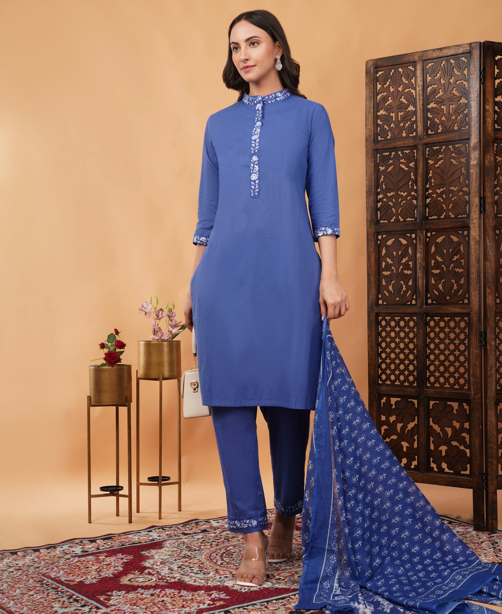Pure Cotton Kurta Pant Dupatta Set With Matching Embroidery - Image 5