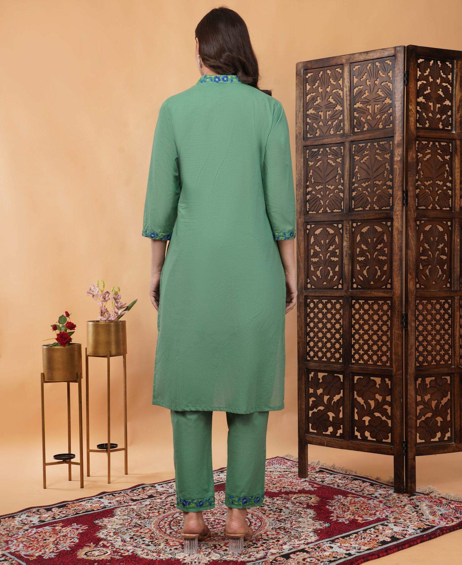 Pure Cotton Kurta Pant Dupatta Set With Embroidery Work - Image 4
