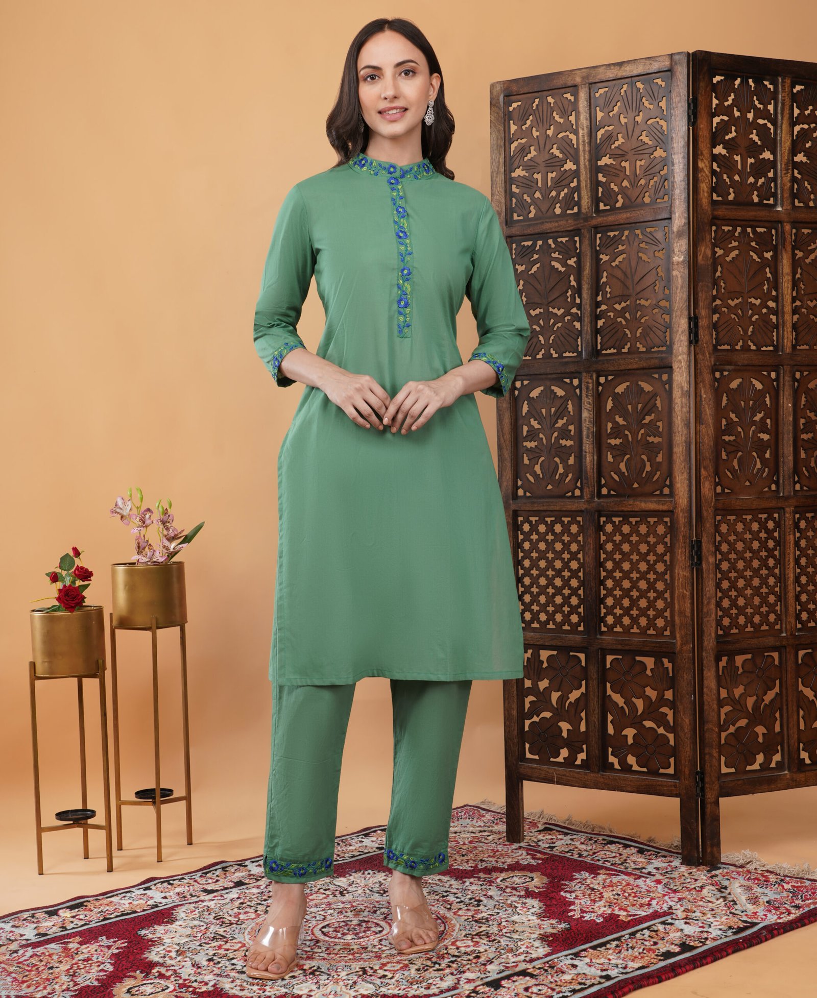 Pure Cotton Kurta Pant Dupatta Set With Embroidery Work - Image 6