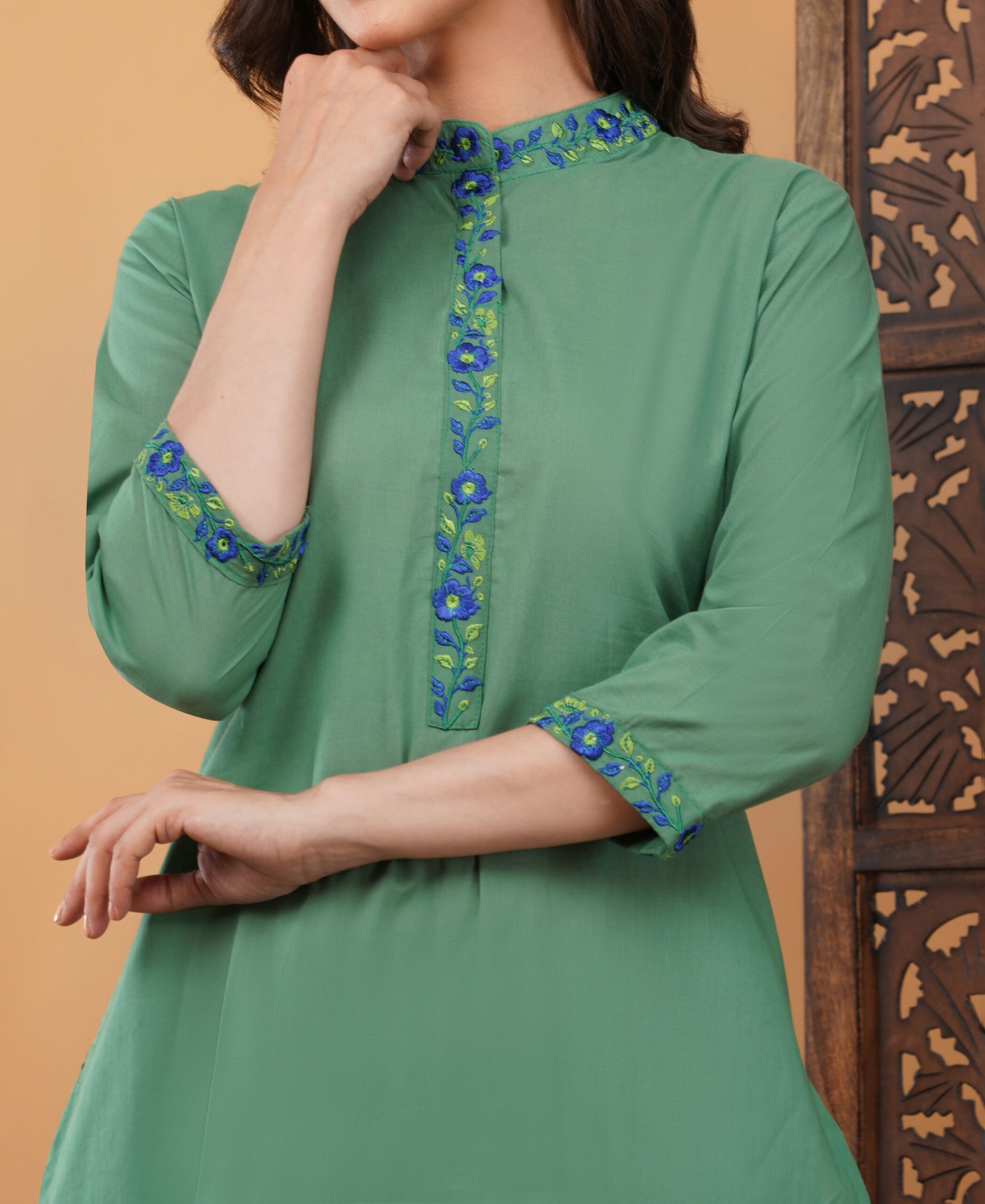 Pure Cotton Kurta Pant Dupatta Set With Embroidery Work - Image 2