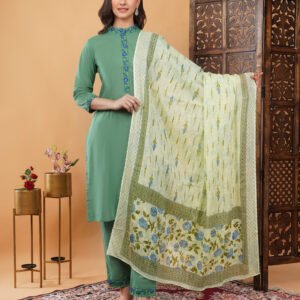 Pure Cotton Kurta Pant Dupatta Set With Embroidery Work