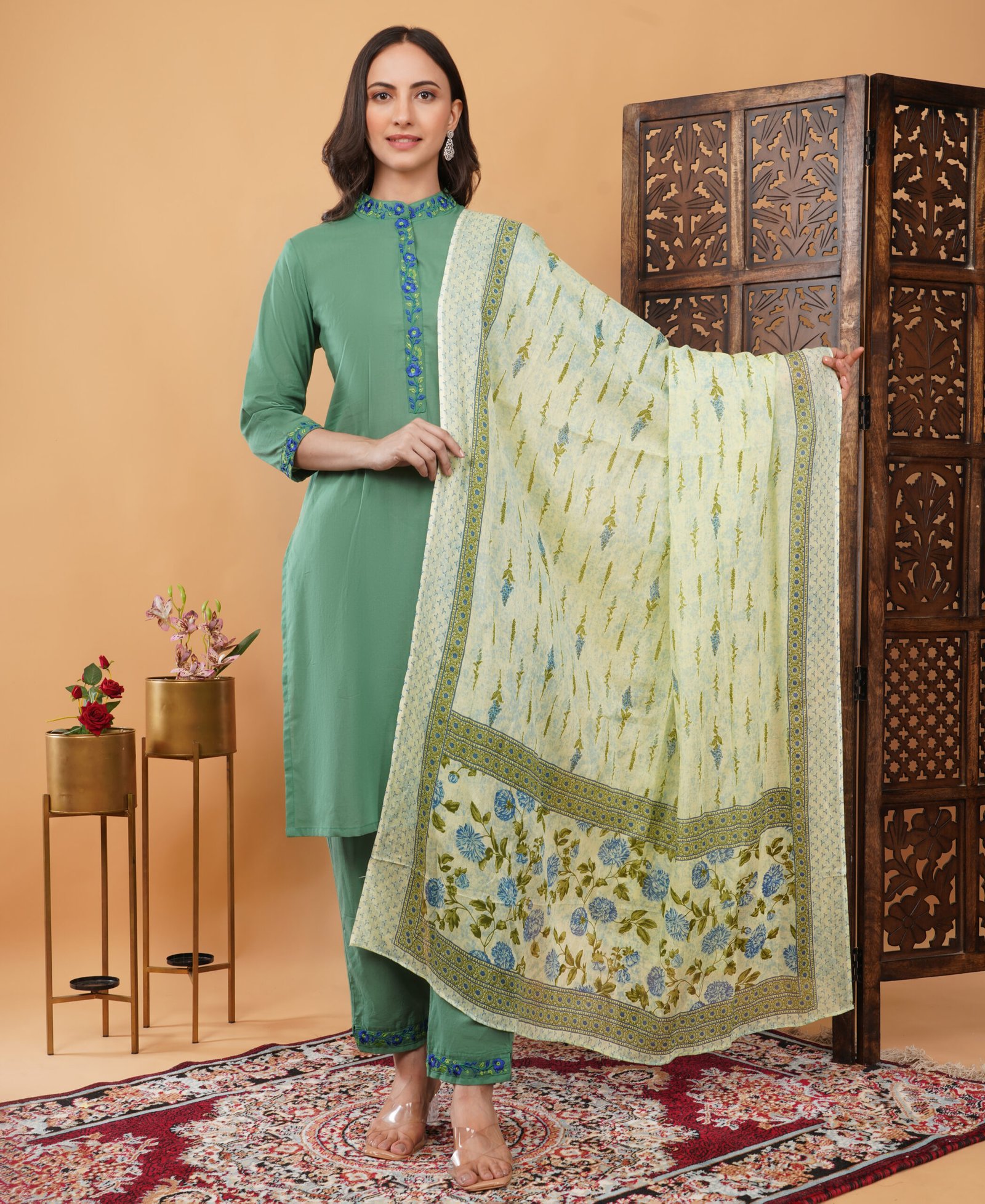 Pure Cotton Kurta Pant Dupatta Set With Embroidery Work