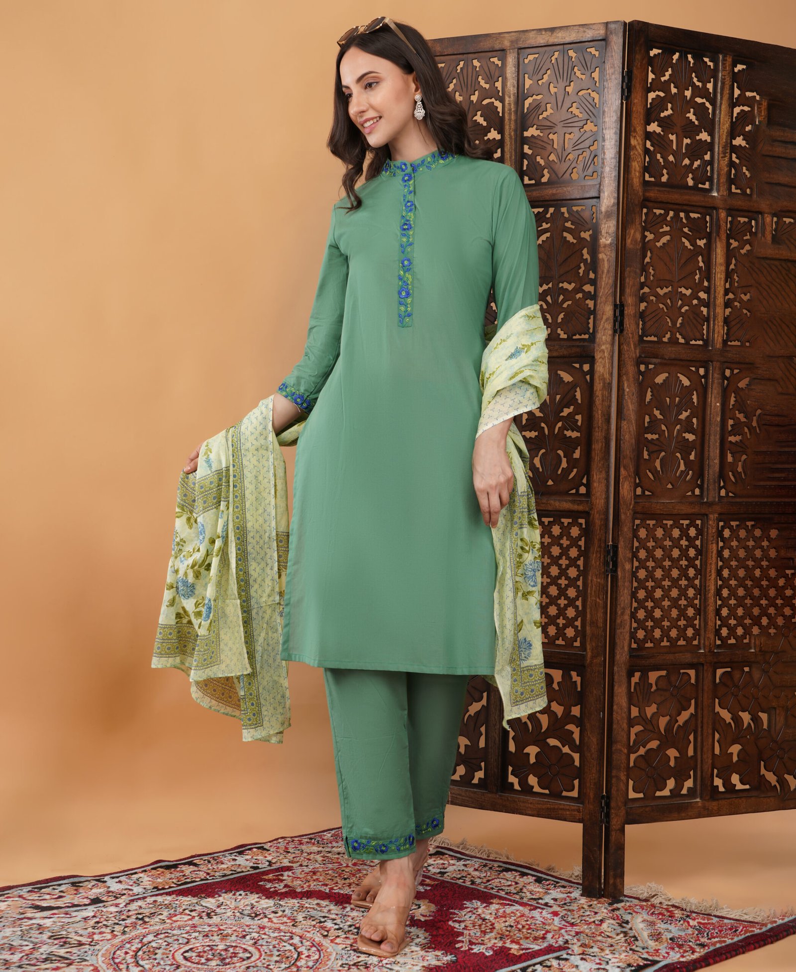 Pure Cotton Kurta Pant Dupatta Set With Embroidery Work - Image 5