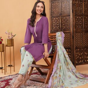 Pure Cotton 3 Piece Elegant Suit With Delicate Lace