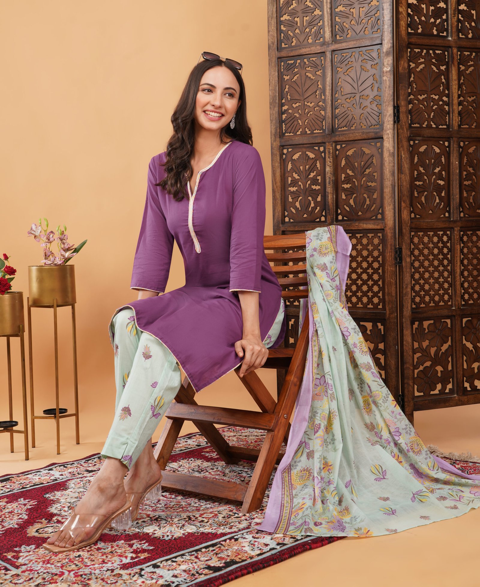Pure Cotton 3 Piece Elegant Suit With Delicate Lace
