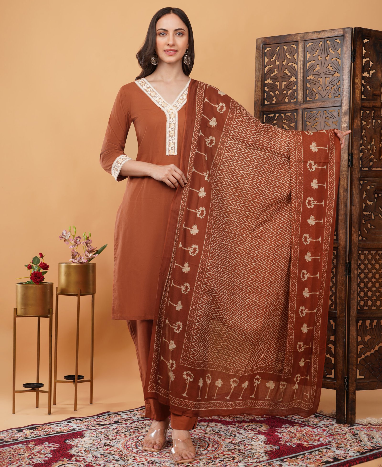 Pure Cotton 3 Piece Elegant Suit With Delicate Lace