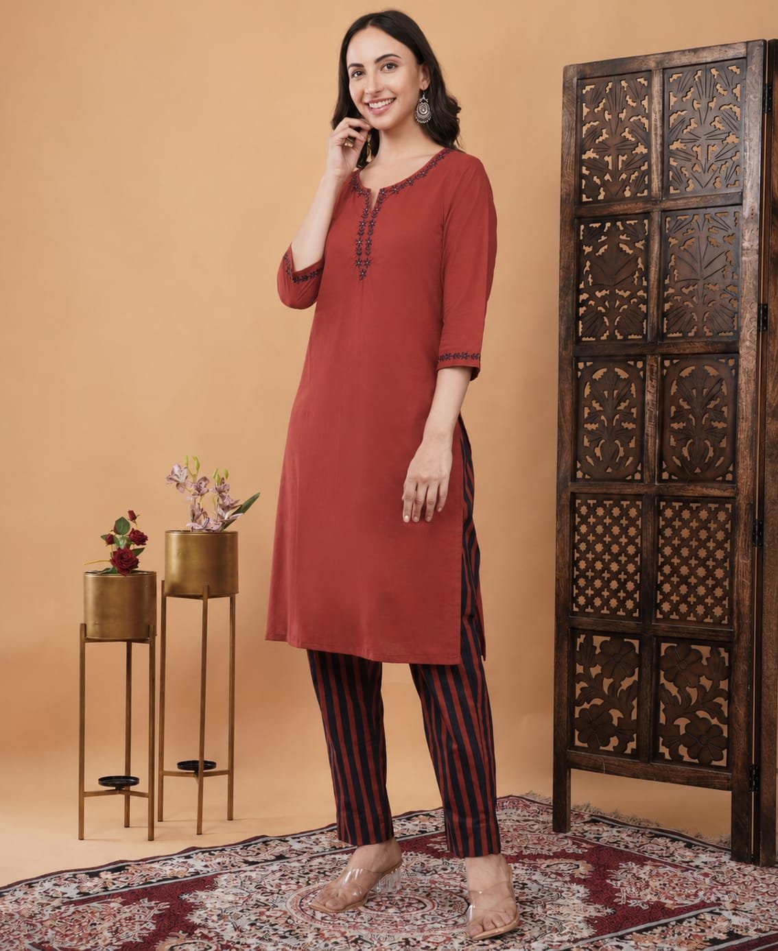 Pure Cotton Embroidery Work Kurta Pant Set - Image 5